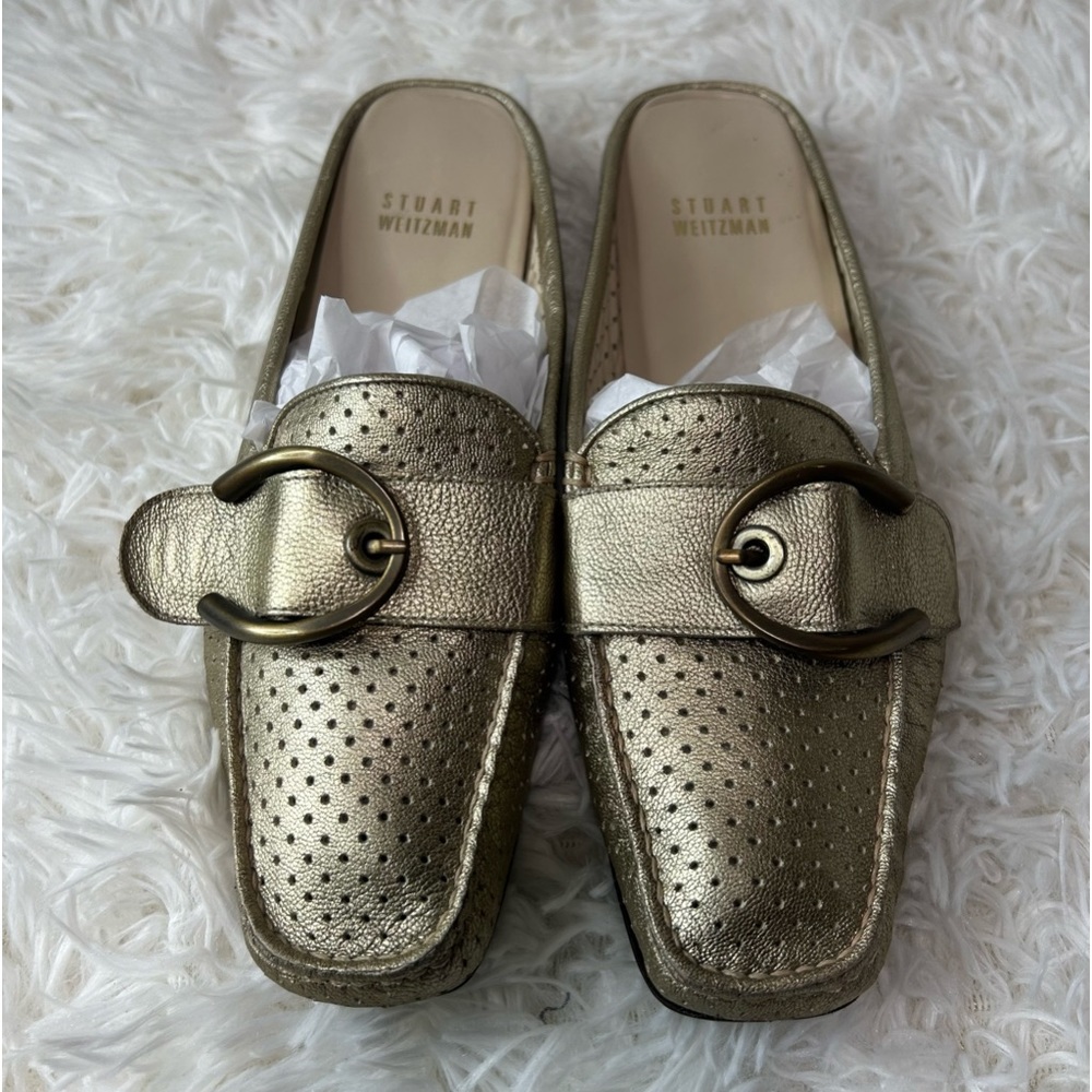 Stuart Weitzman Slip On Mules Loafers Shoes Gold Leather Buckle Womens 7